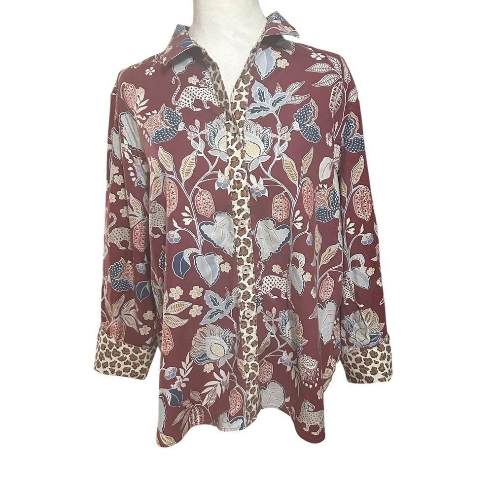 Chicos Floral and Animal Print Button Down Shirt Womans SZ 16 No Iron